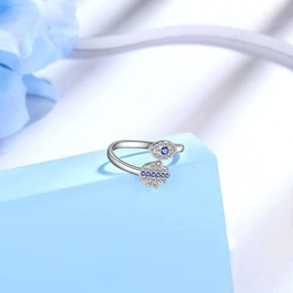 Protection Symbol Evil Eye Jewelry for Mom Grandma Silver Blue Evil Ring - Picture 2 of 4